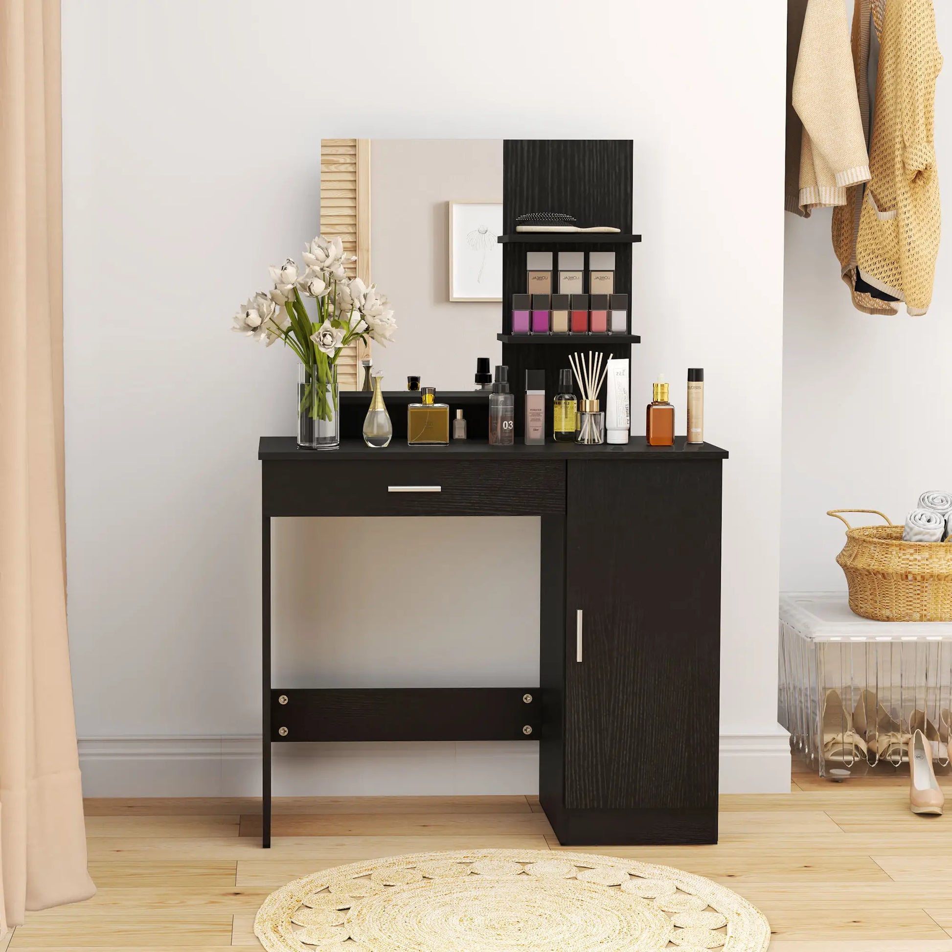 Dressing Table with Mirror, Drawer, Storage Shelves, 35.4" x 15" x 54.3", Black Dressing & Vanity Tables at Gallery Canada