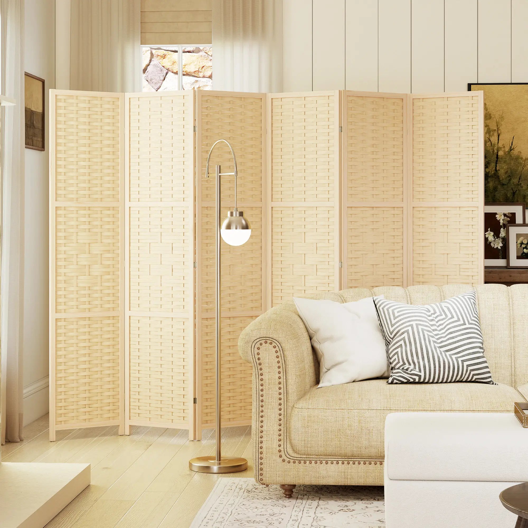 6-Panel Room Divider, 5.6 FT Freestanding Folding Privacy Screen, Natural Wood Room Dividers at Gallery Canada