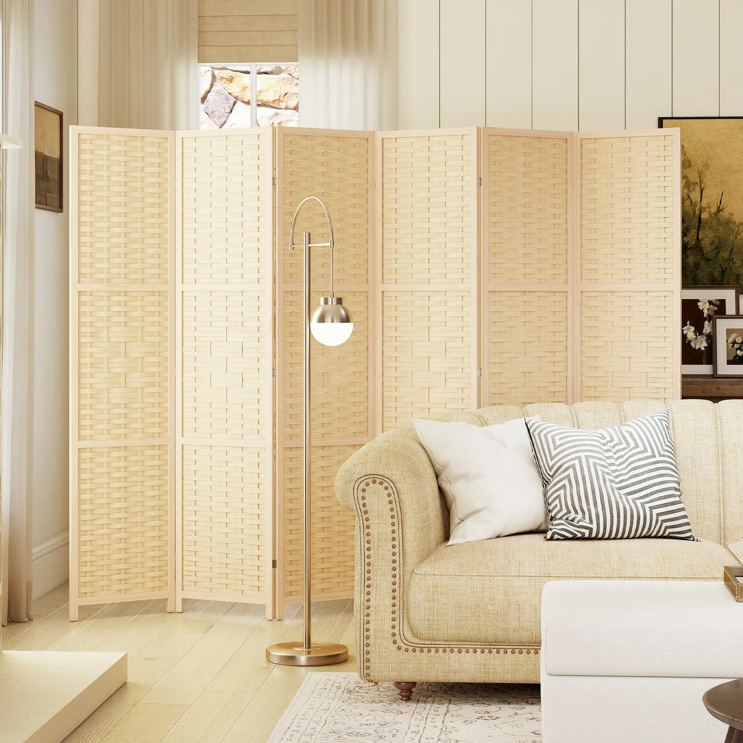 6-Panel Room Divider, 5.6 FT Freestanding Folding Privacy Screen, Natural Wood Room Dividers at Gallery Canada