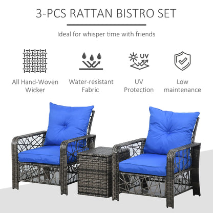 3 Pc Wicker Patio Set, Rattan Bistro with Storage Table, Thick Cushions, Blue Bistro Sets at Gallery Canada