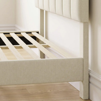 Queen Size Bed Frame, Adjustable Headboard, Linen-Feel Upholstered, Beige