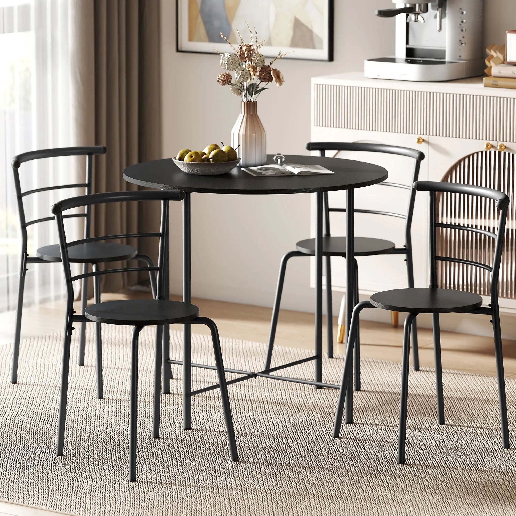 5 Piece Dining Table Set, Round for 4, Metal Frame, Black Wood Grain, Black Dining Table Sets at Gallery Canada