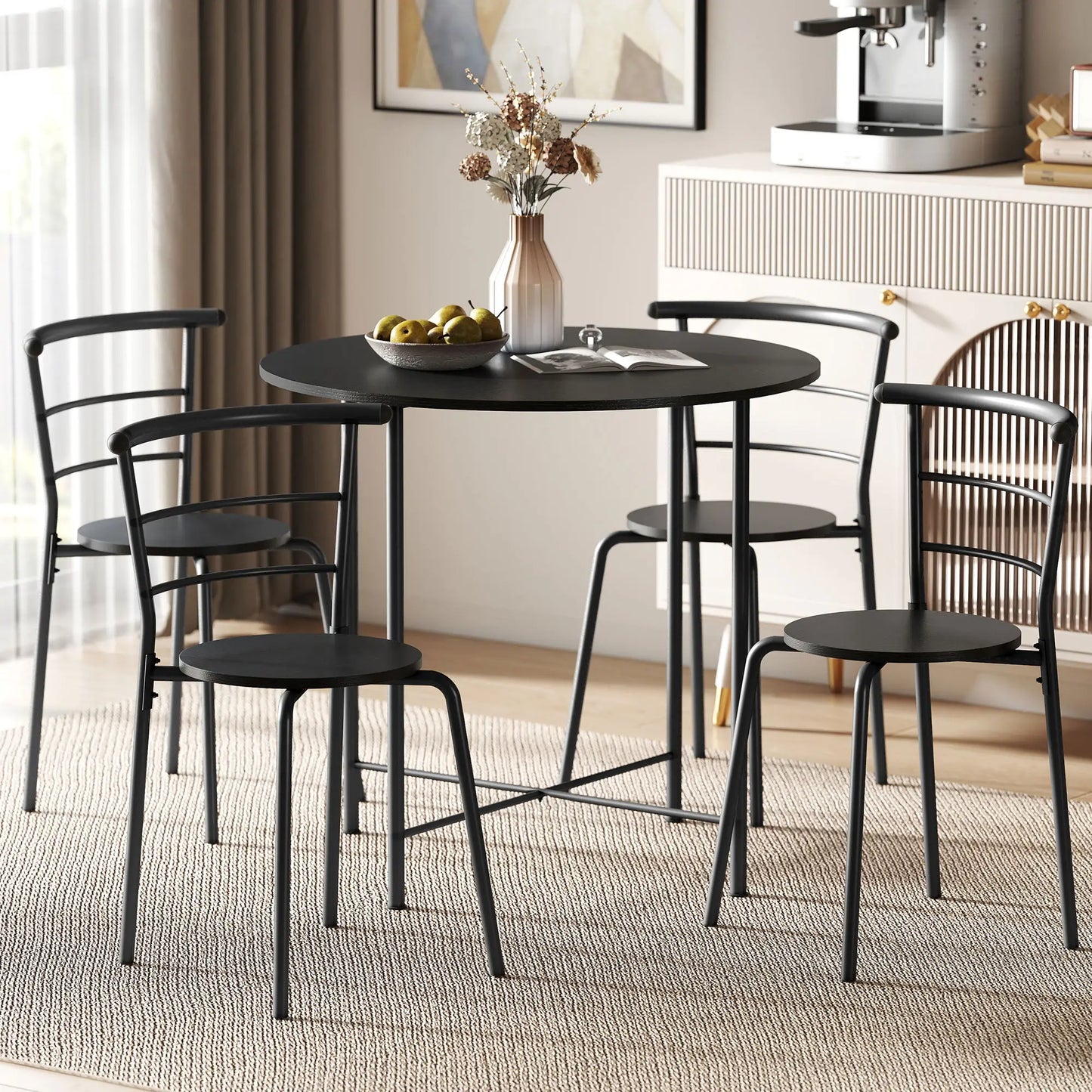 5 Piece Dining Table Set, Round for 4, Metal Frame, Black Wood Grain, Black Dining Table Sets at Gallery Canada