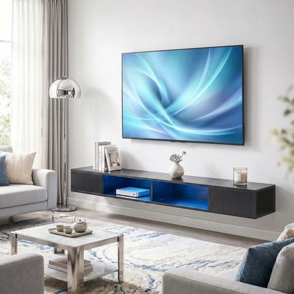 TV Stand with RGB LED Lights, Entertainment Center with Open Shelves for 75 Inch TV, Black Wood Grain