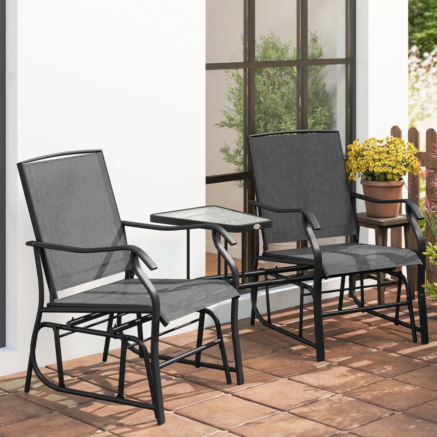 Double Glider Chair with Glass Table, Outdoor High Back, Black Outdoor Gliders at Gallery Canada
