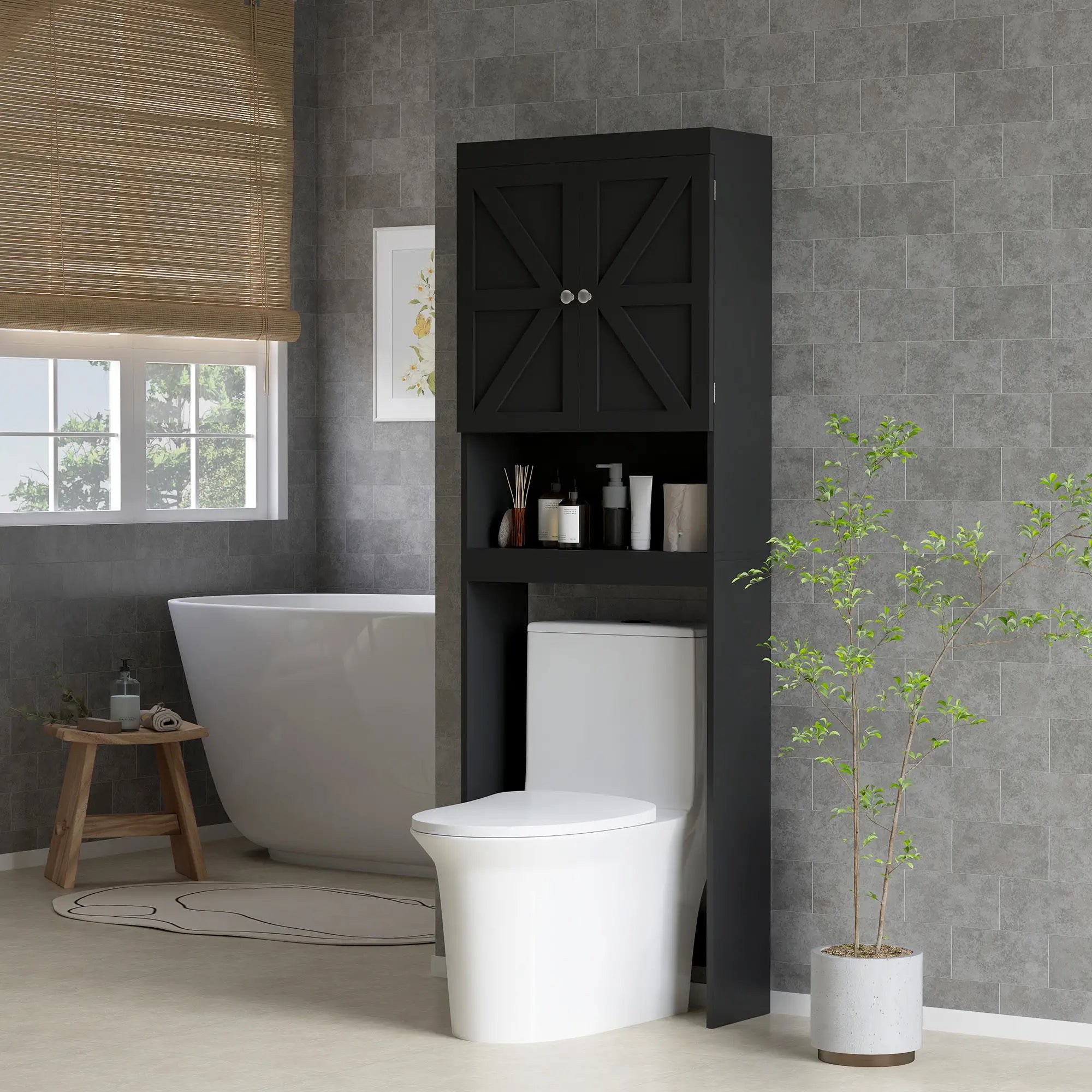Over Toilet Cabinet, Bathroom Storage with Barn Doors, Open Shelf, Black Bathroom Cabinets at Gallery Canada