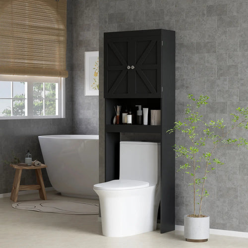 Over Toilet Cabinet, Bathroom Storage with Barn Doors, Open Shelf, Black