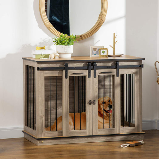 Dog Crate Furniture with Divider Panel, Wooden Dog Kennel TV Stand for Large Dogs, Pet House Side Table for 2 Small Dogs with Two Rooms Design, 2 Sliding Doors, Oak - Gallery Canada