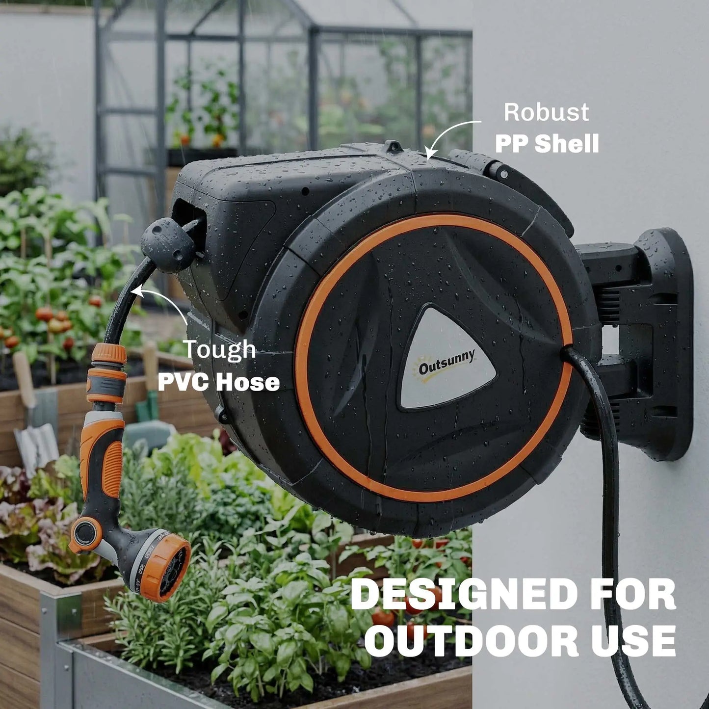 Retractable Garden Hose Reel, 1/2" x 92ft Wall Mounted Hose Reel with 12-Pattern Nozzles, Auto Retraction, Self-Locking Garden Accessories at Gallery Canada