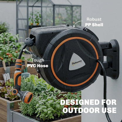 Retractable Garden Hose Reel, 1/2" x 92ft Wall Mounted Hose Reel with 12-Pattern Nozzles, Auto Retraction, Self-Locking Garden Accessories at Gallery Canada