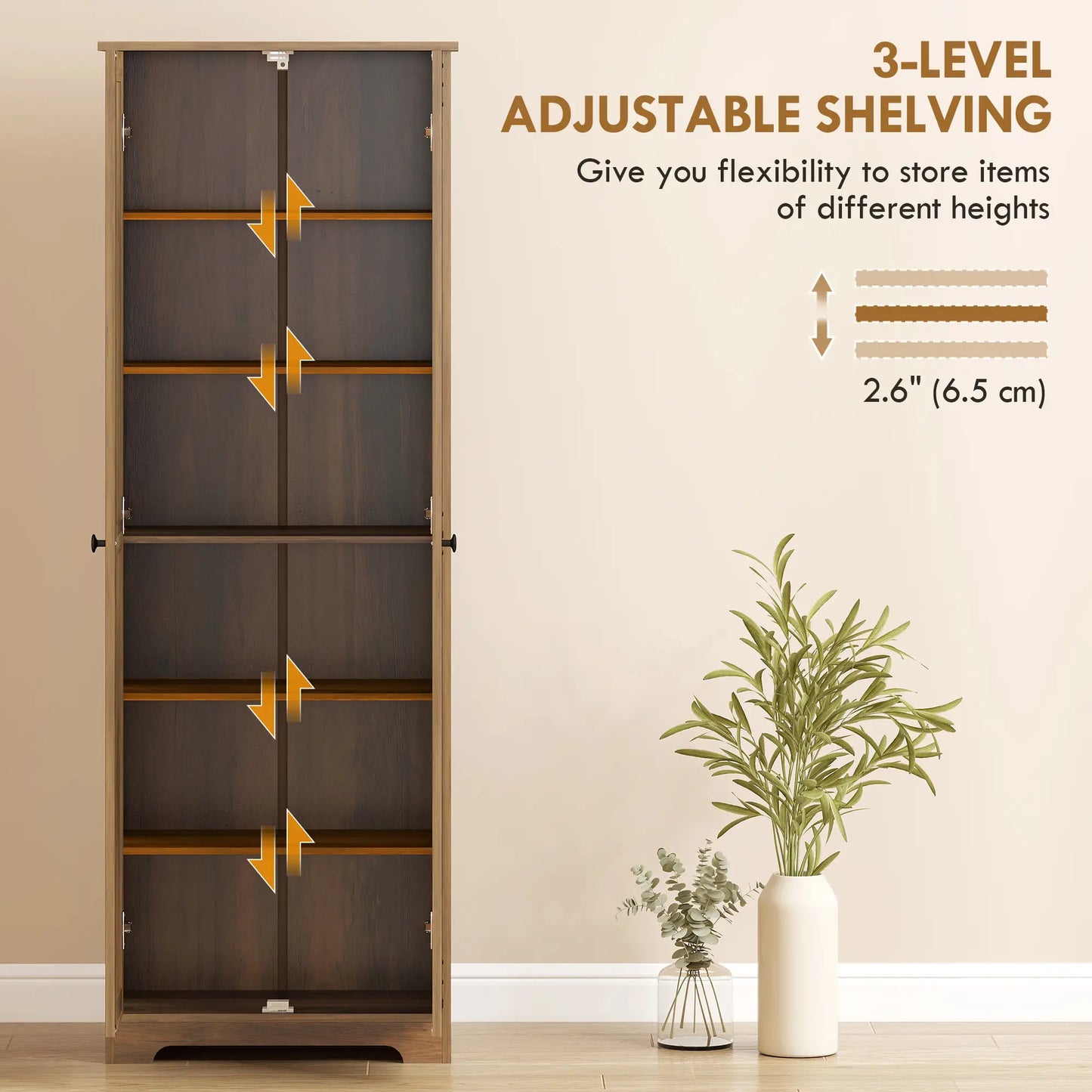 67" Farmhouse Pantry Cabinet, 2 Doors, Adjustable Shelves, Wood Grain, Brown Kitchen Pantry Cabinets at Gallery Canada