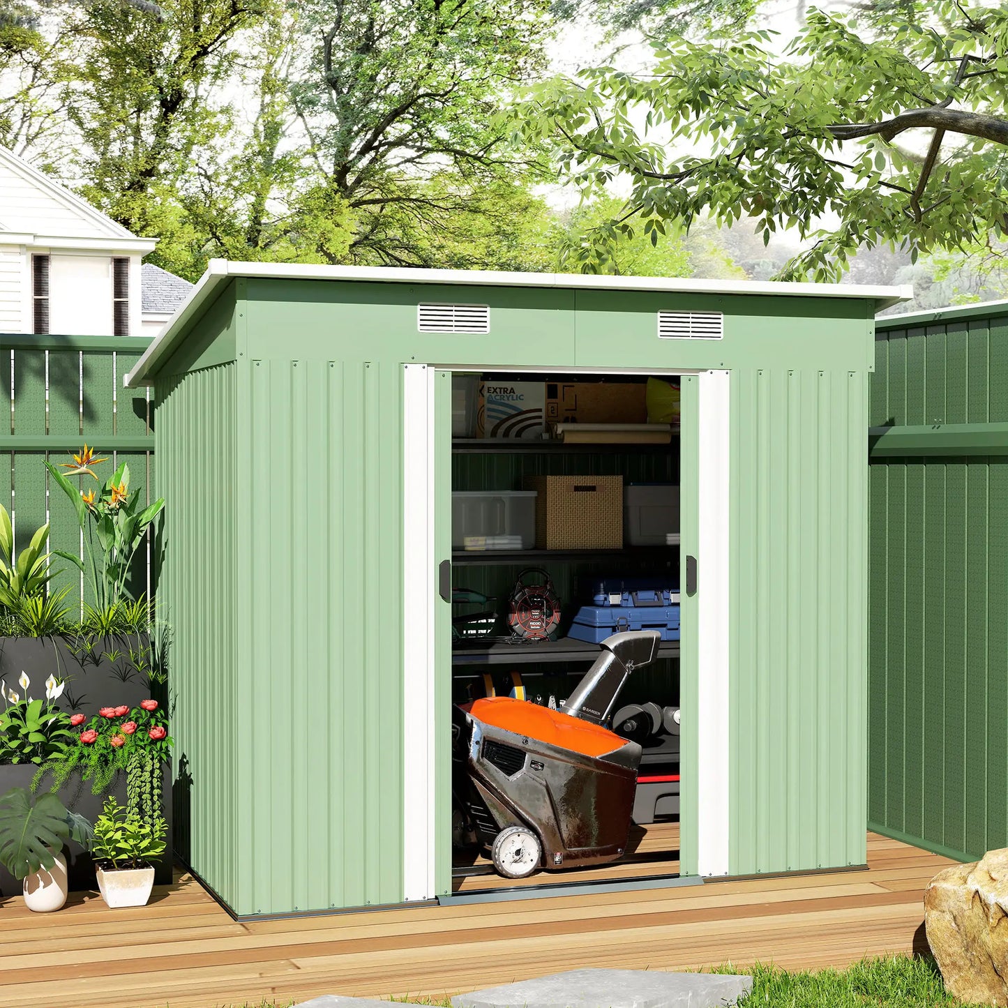 7'x4' Metal Patio Storage Shed, Garden Tool Utility, Light Green Sheds at Gallery Canada