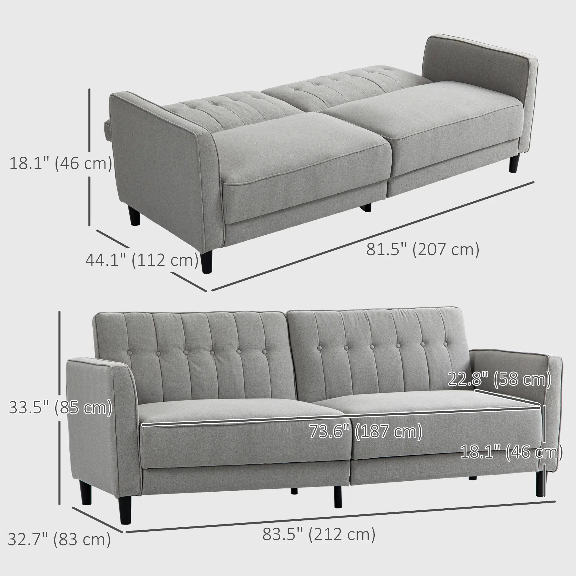 Convertible Bed with Couch, Button Tufted Fabric Sofa Bed, Adjustable Back, Grey 2-Seater Sofas at Gallery Canada