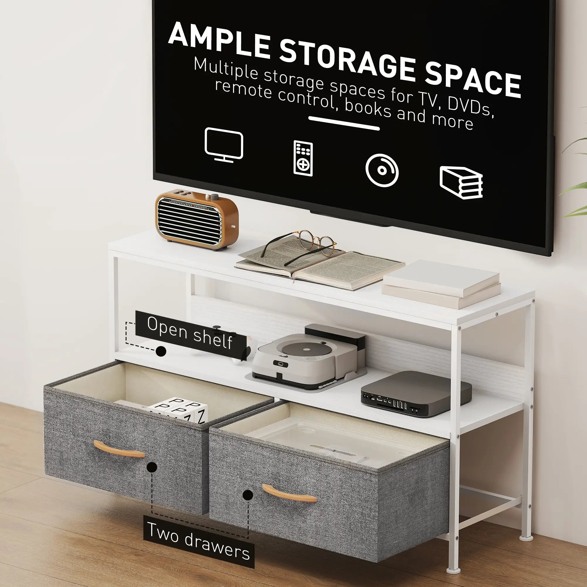 TV Stand with Charging Station, 2 Foldable Drawers, Open Shelf, 47 Inch, White TV Stands at Gallery Canada