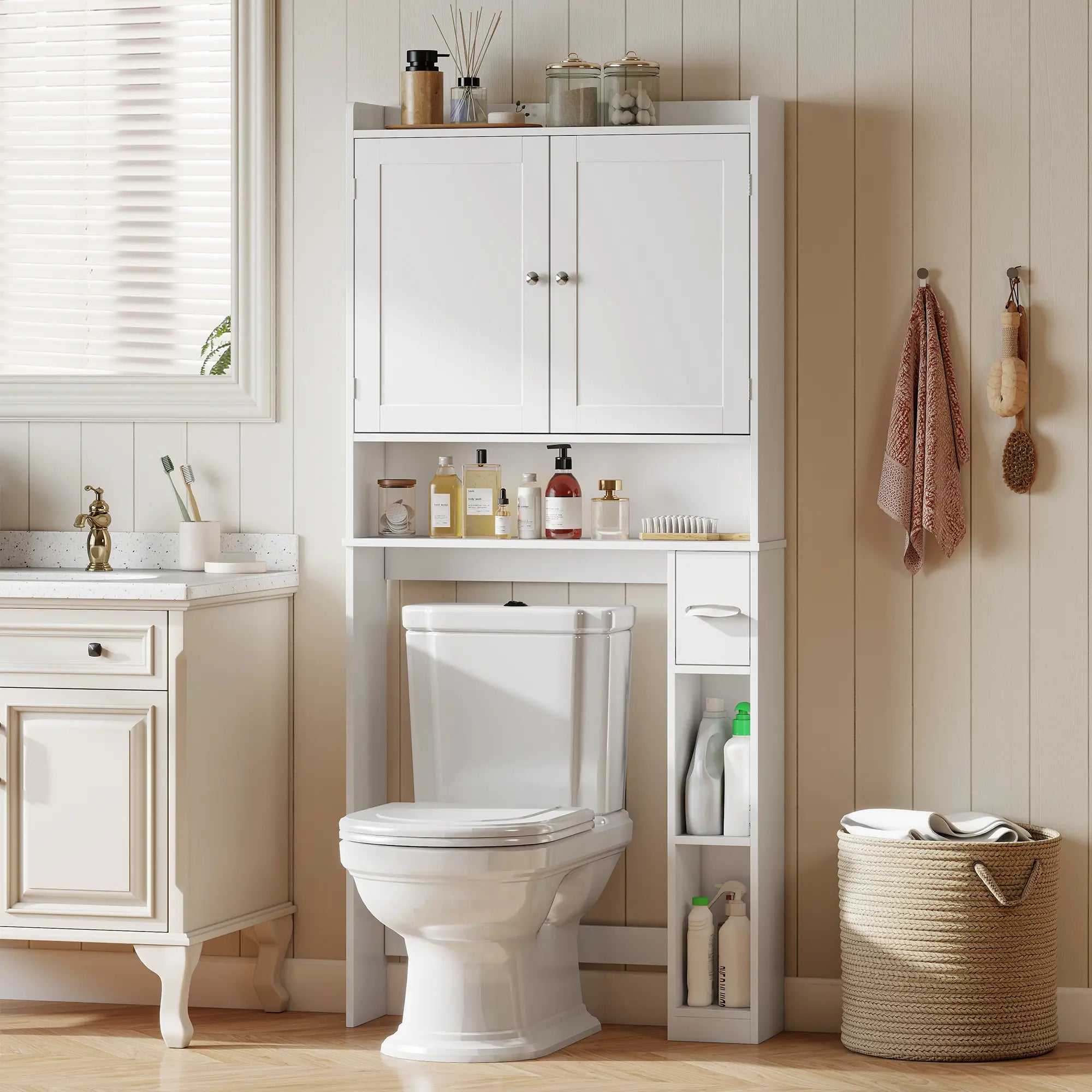 Over Toilet Storage Cabinet, 2 Doors, Toilet Paper Holder, White Bathroom Cabinets at Gallery Canada