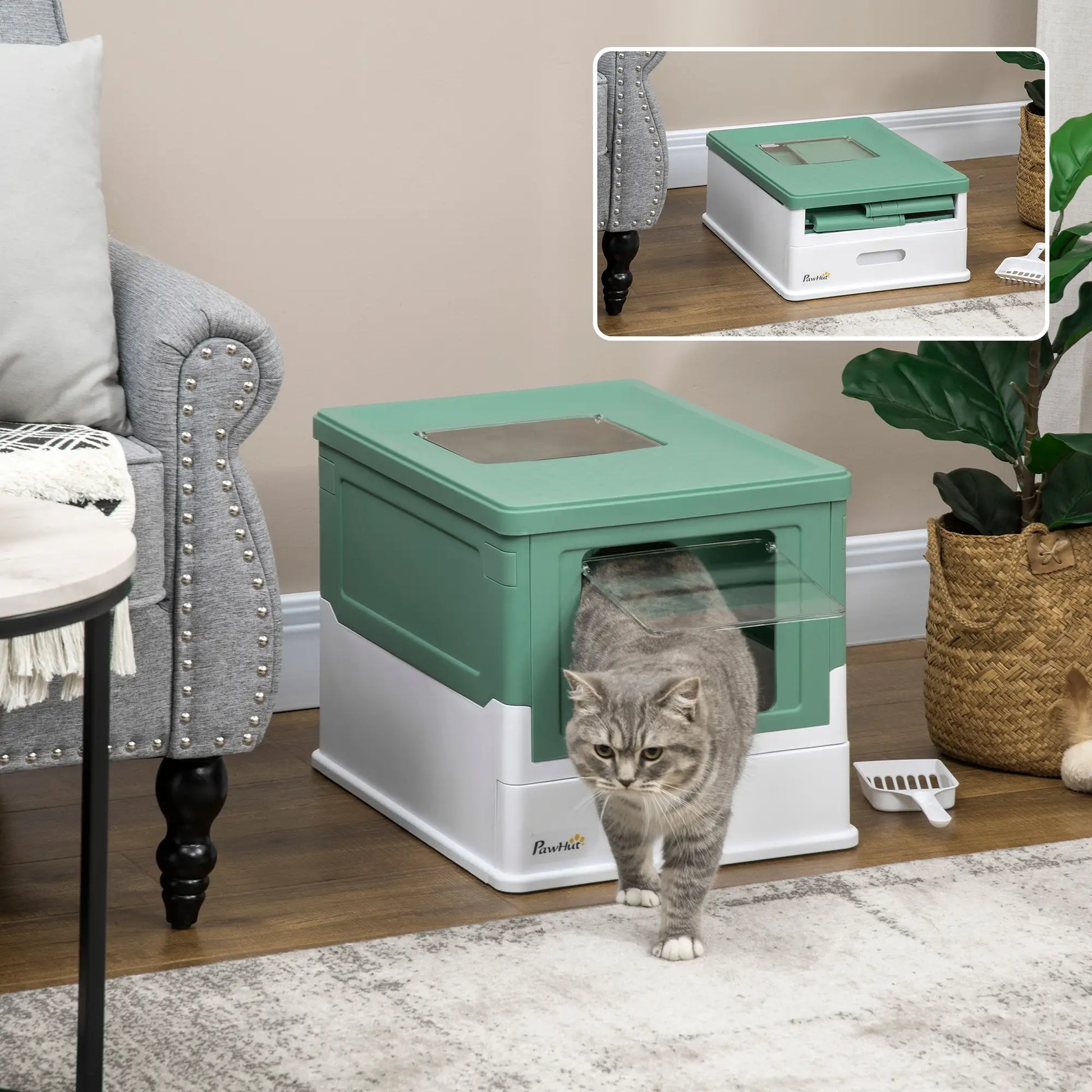 Enclosed Kitty Litter Box, Large, With Scoop, Tray, Green Cat Litter Box Enclosures at Gallery Canada