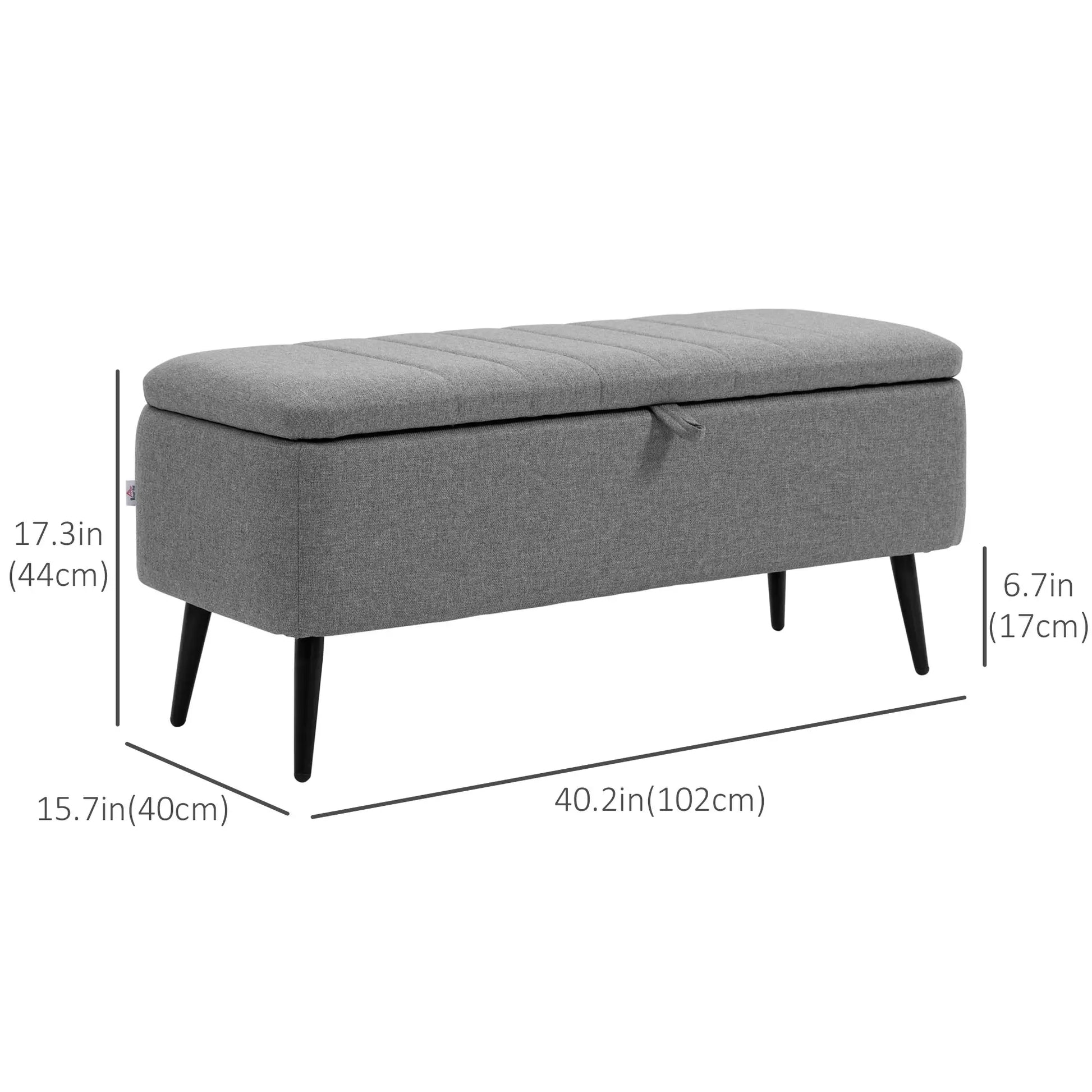 40" Ottoman with Storage, Linen Upholstered Bench, Steel Legs, Grey Storage Ottomans & Benches at Gallery Canada