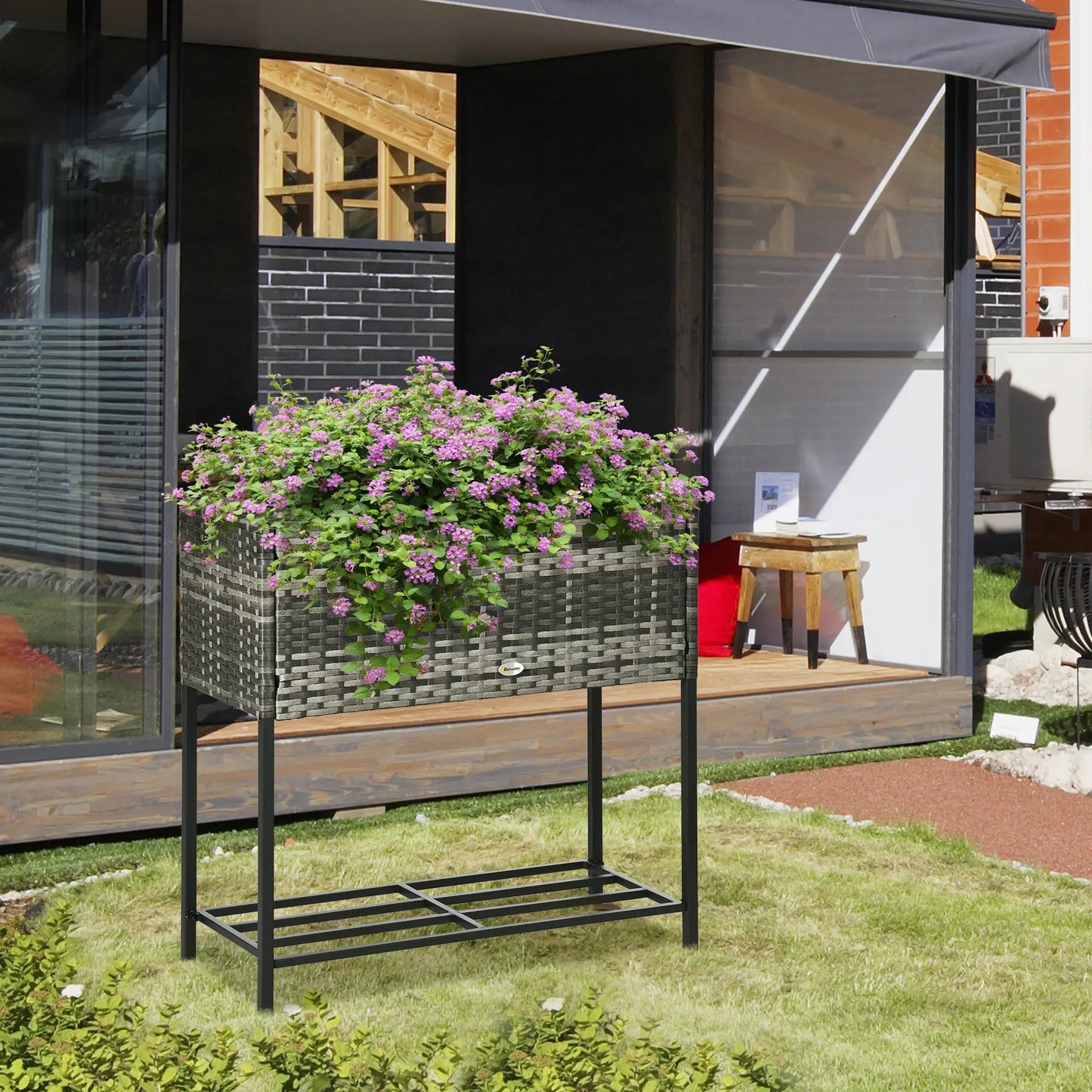 Rattan Raised Garden Box, Elevated Flower Bed with Shelf, Mixed Grey, Grey Plant Stands at Gallery Canada