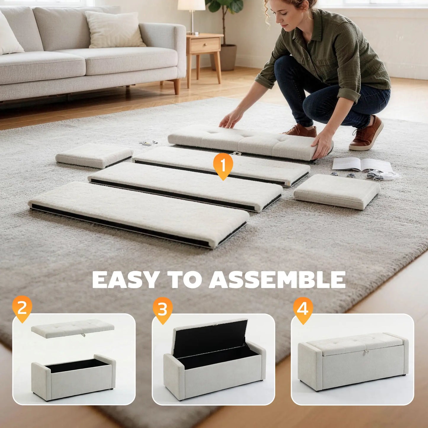 Storage Ottoman Bench, Linen Fabric, Wide Padded Seat, Cream White Storage Ottomans & Benches at Gallery Canada