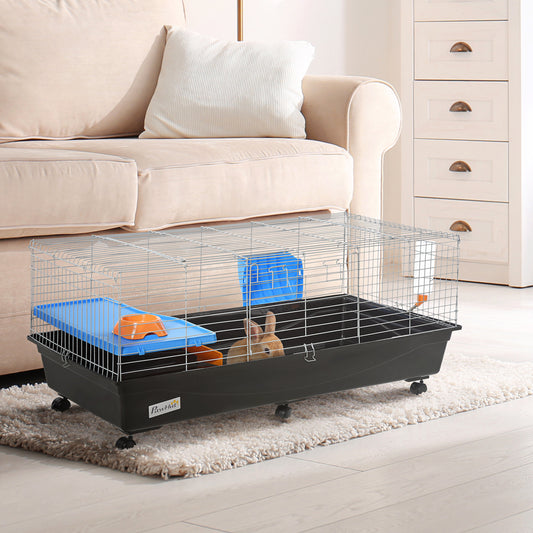 47" Small Animal Cage, Rolling Guinea Pig Cage with Food Dish, Water Bottle, Hay Feeder, Platform, Ramp, Black - Gallery Canada