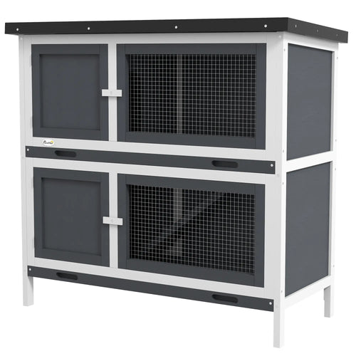 Wood Rabbit Hutch, 2 Large Main House, Ramp, Trays, Grey