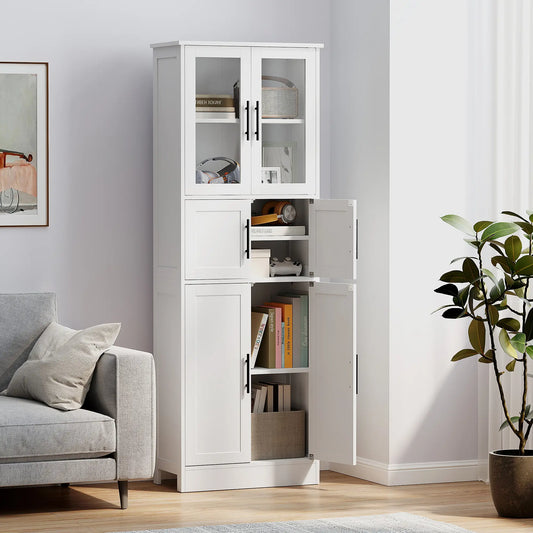 67" Tall Bathroom Storage Cabinet, Glass Doors, Adjustable Shelves, White