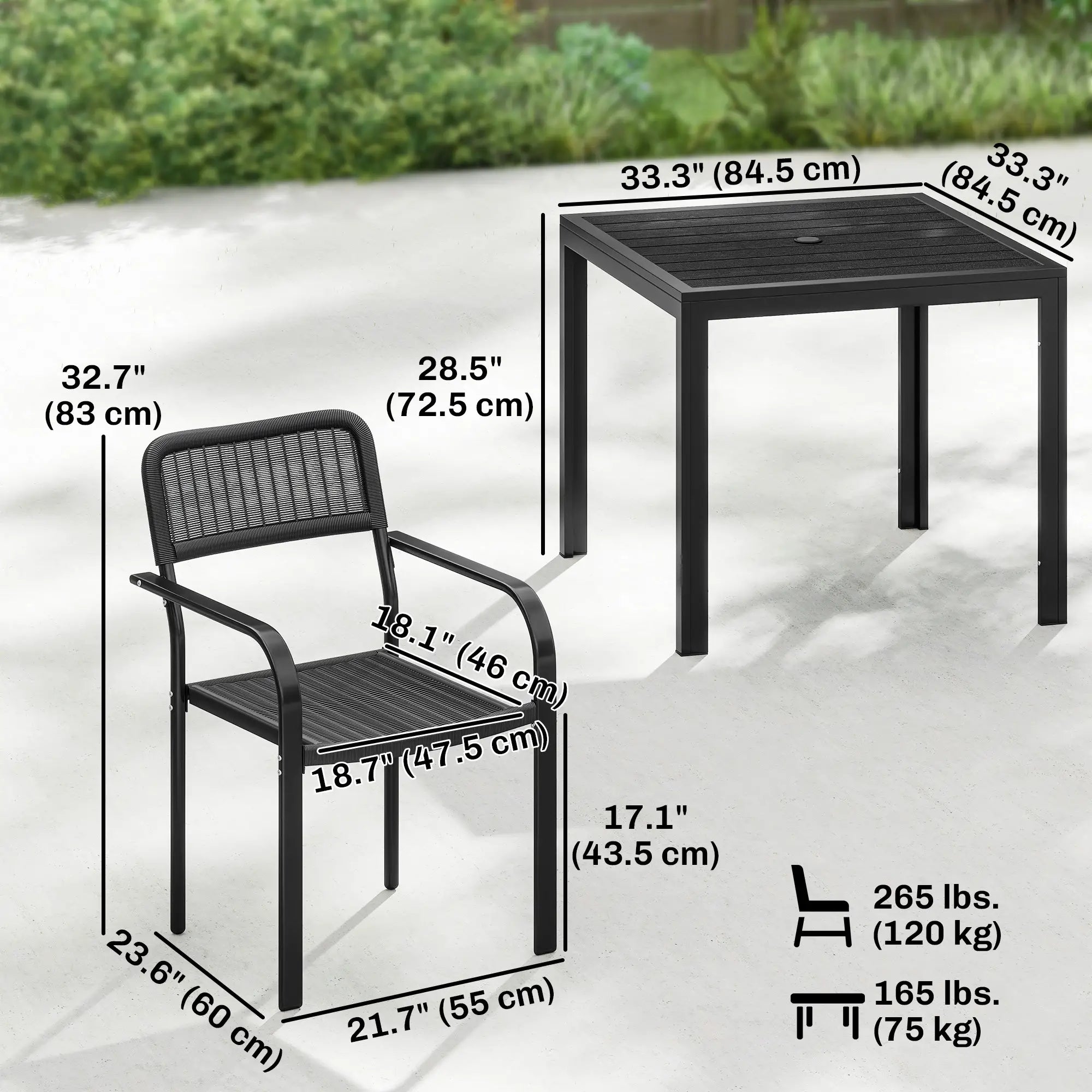 Outdoor Dining Set For 4, Faux Wood Metal Patio Table, Stackable Chairs, Black Outdoor Dining Sets at Gallery Canada