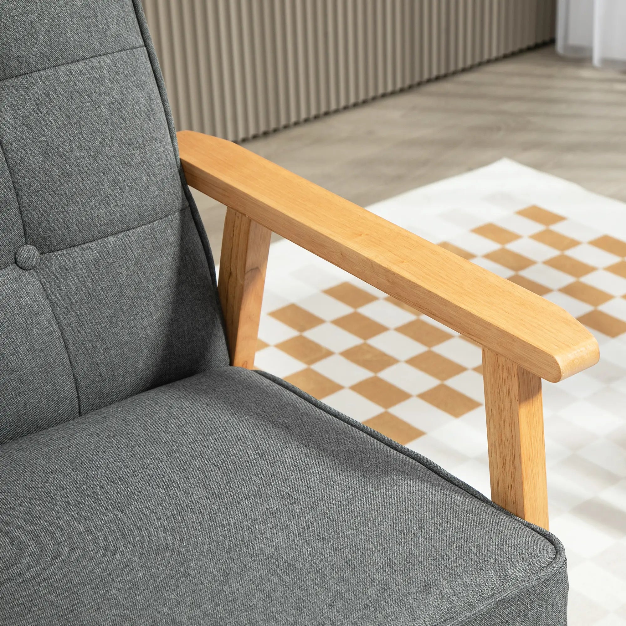 Modern Accent Chair with Button Tufted Back, Line-feel Fabric Armchair with Solid Wood Frame for Bedroom, Grey Accent Chairs at Gallery Canada