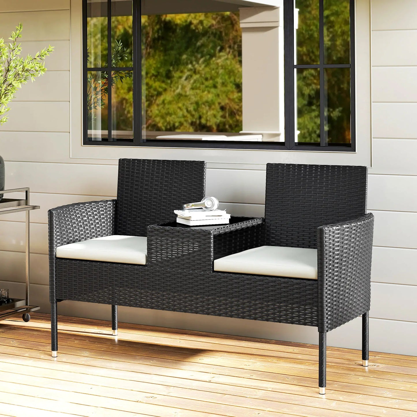 PE Rattan Loveseat with Cushion, Mid-Table, Cream White Patio Chairs at Gallery Canada