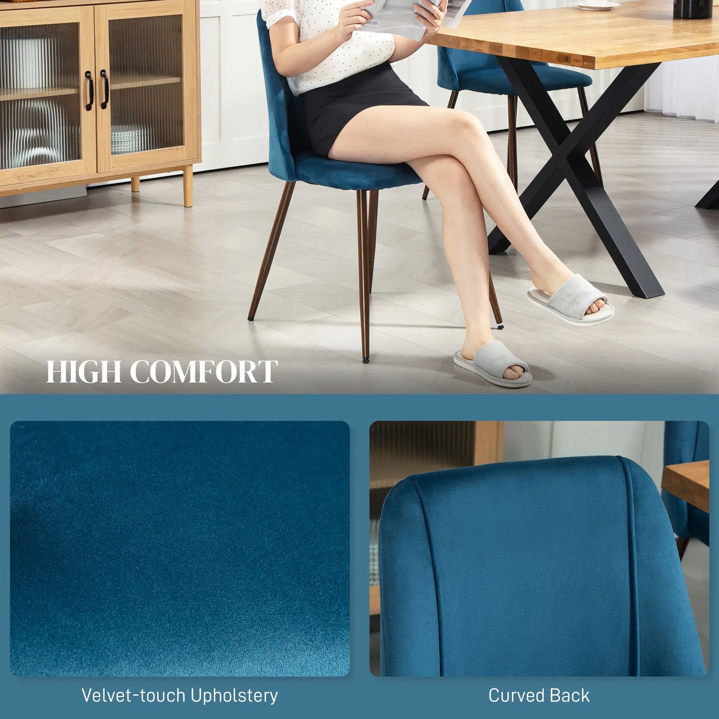 Velvet Dining Chairs Set of 4, Wood-Grain Steel Leg, Dark Blue Dining Chairs at Gallery Canada