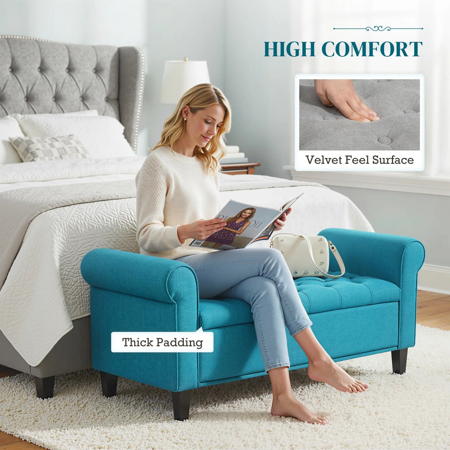 50 Inches Upholstered Storage Ottoman, Rolled Arms, Button Tufted, Teal Storage Ottomans & Benches at Gallery Canada