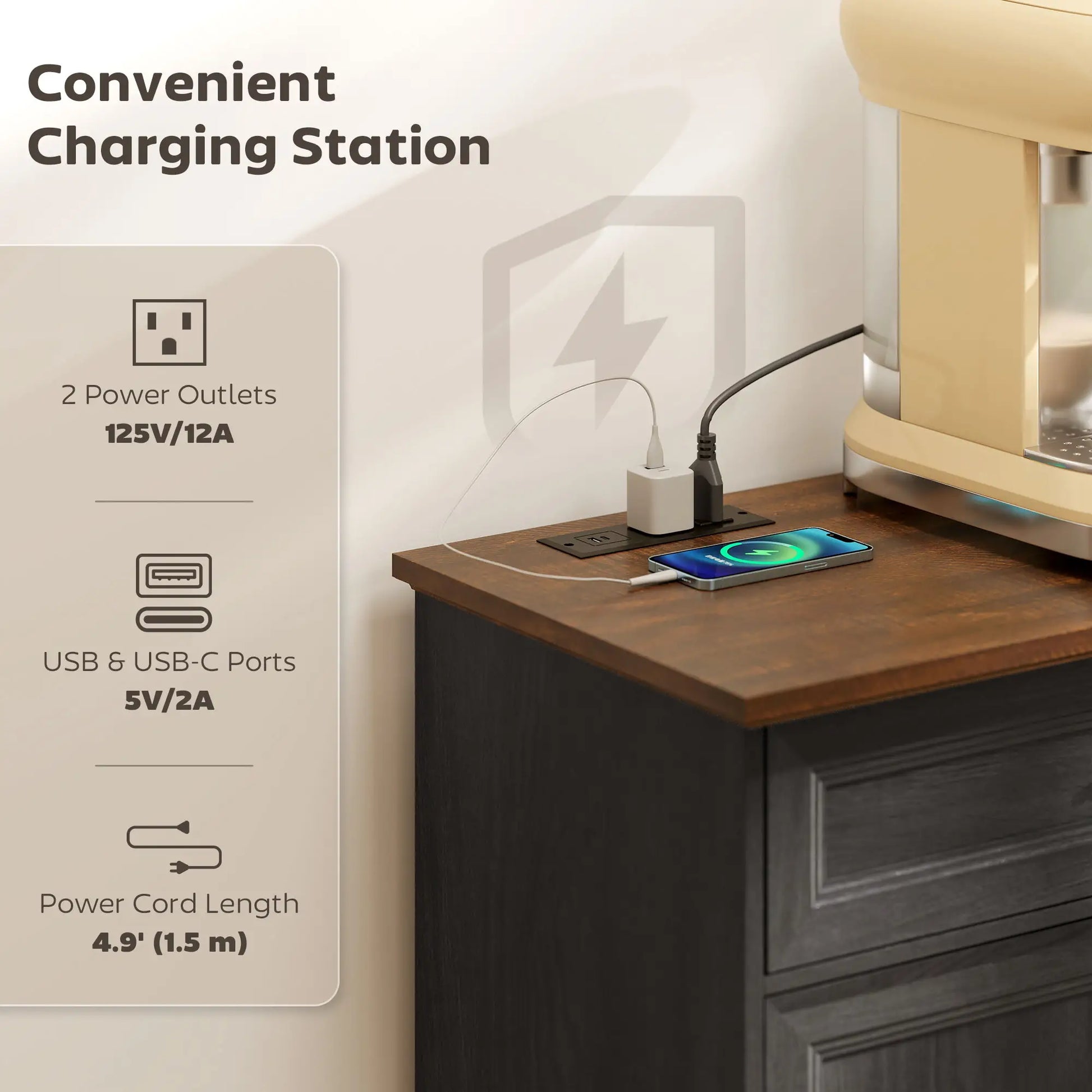 55" Buffet Cabinet, Black Wood Grain, Charging Station, 2 Drawers, Black Bar Cabinets at Gallery Canada