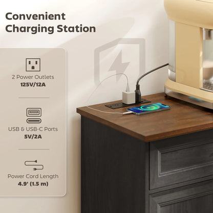 55" Buffet Cabinet, Black Wood Grain, Charging Station, 2 Drawers, Black Bar Cabinets at Gallery Canada