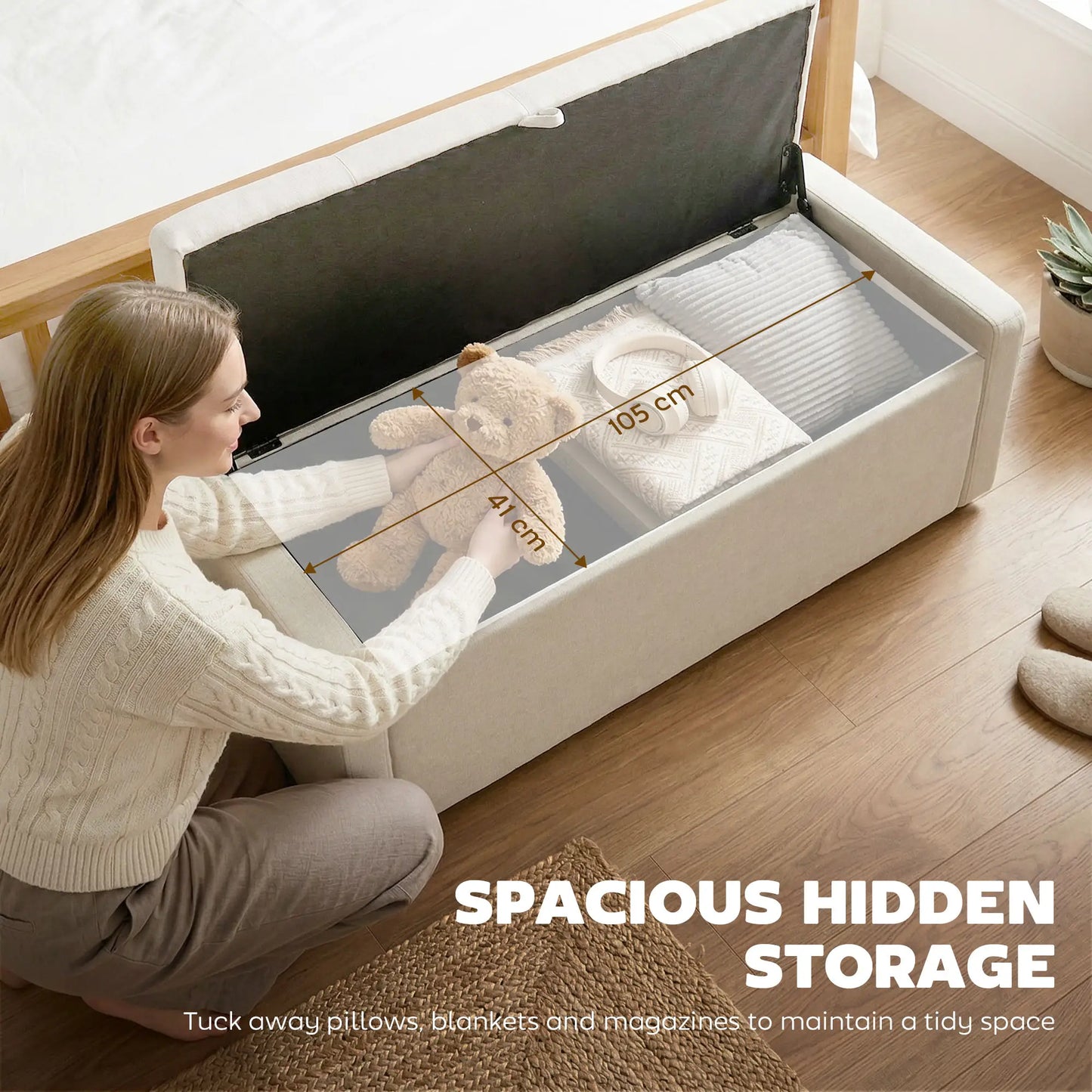 Storage Ottoman Bench, Linen Fabric, Wide Padded Seat, Cream White Storage Ottomans & Benches at Gallery Canada