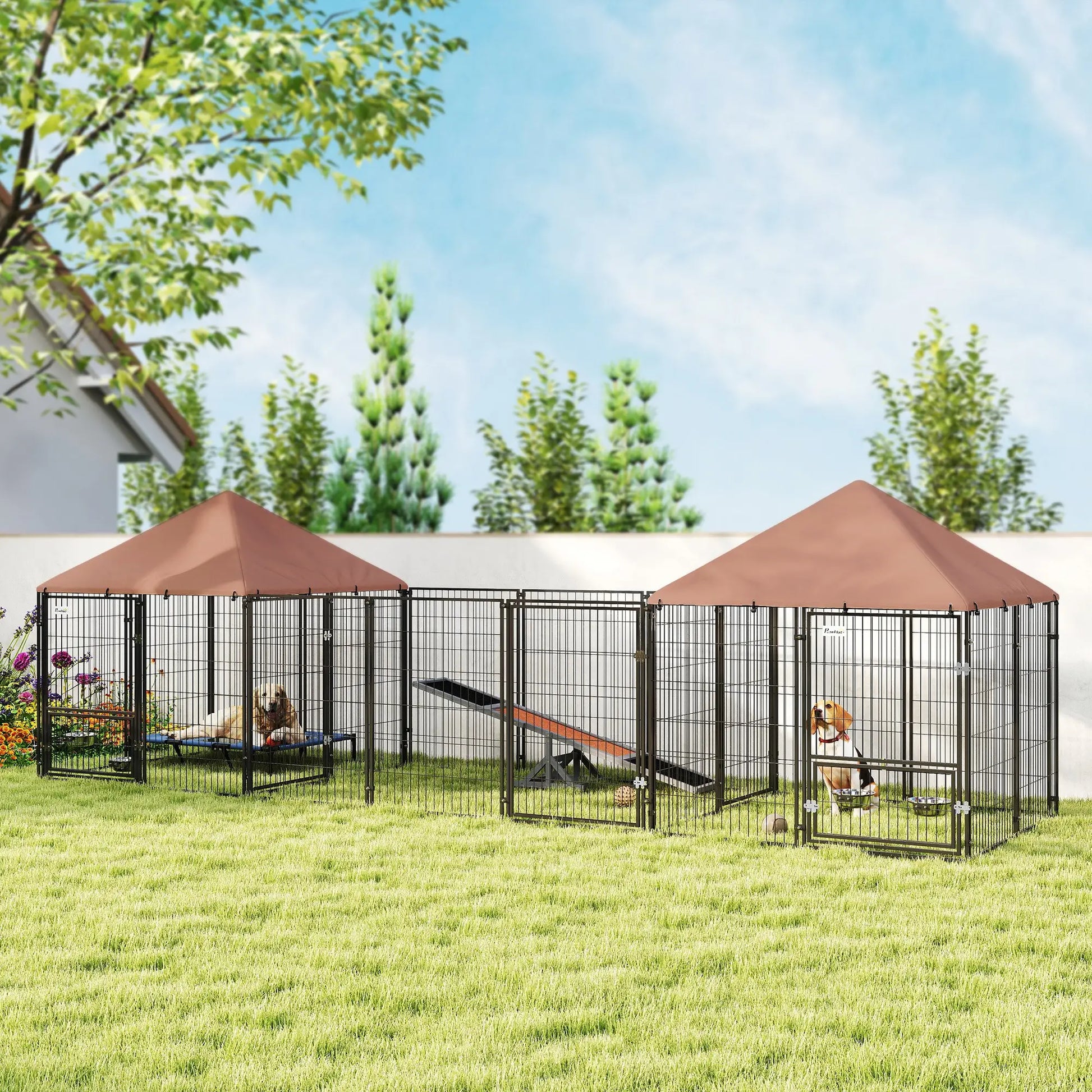 Outdoor Dog Kennel, 2 Rooms, Adjustable Bowls, Waterproof Cover, 16.2' x 4.7' x 5.1' Houses, Kennels & Pens at Gallery Canada
