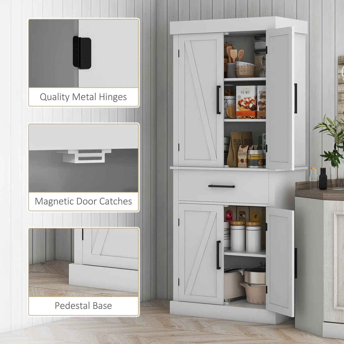 72" Kitchen Storage Cabinet, Farmhouse Pantry, 4 Barn Doors, Drawer, Adjustable Shelves, White Kitchen Pantry Cabinets at Gallery Canada