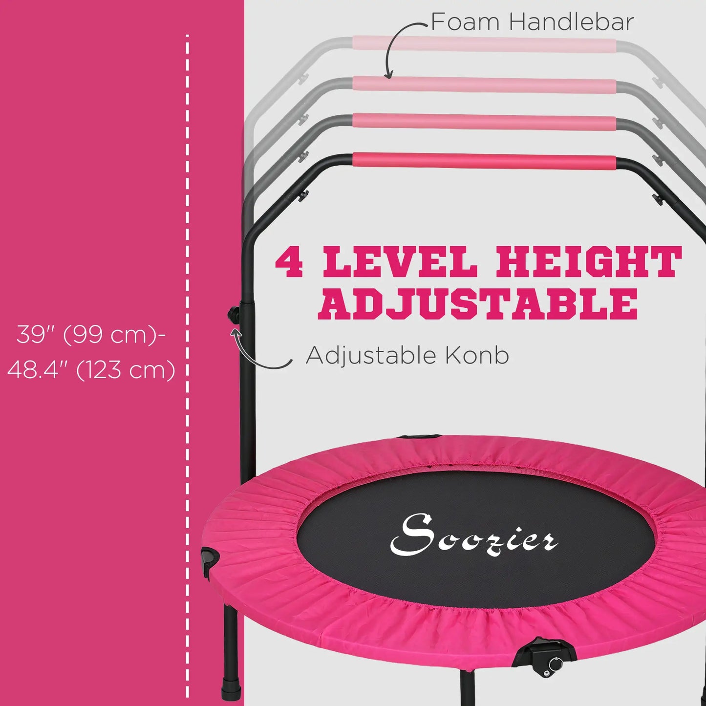 40" Foldable Mini Fitness Trampoline, Adjustable Foam Handle, Pink