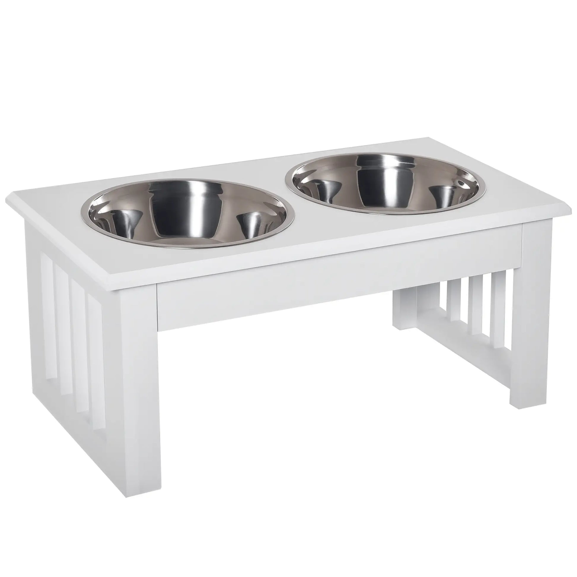 Double Pet Dog Bowl Stand, Elevated Wooden Feeder, Stainless Steel Bowls, White Dog Bowls at Gallery Canada
