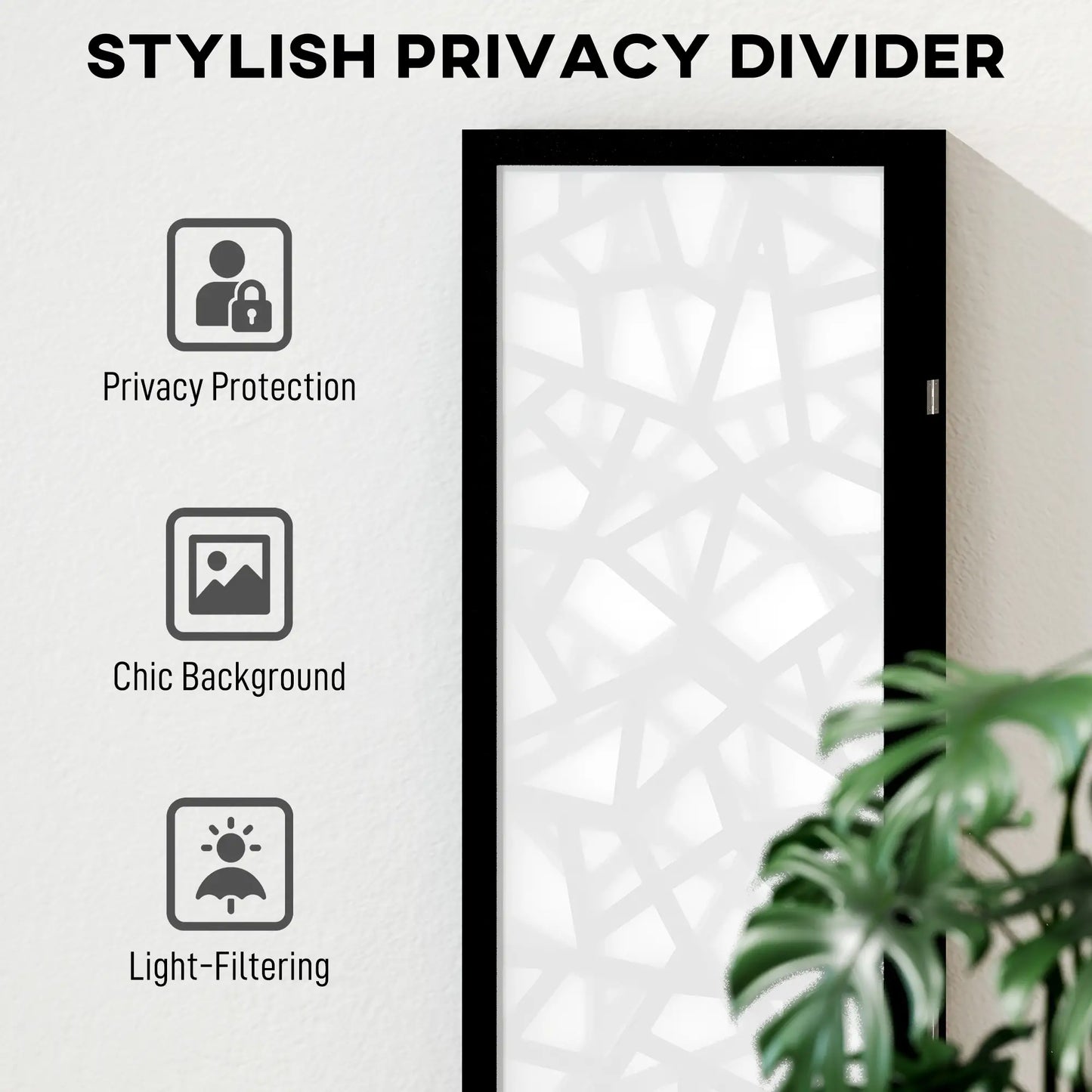 4 Panel Room Divider, 5.6 FT, Geometric Pattern Privacy Screen, Black