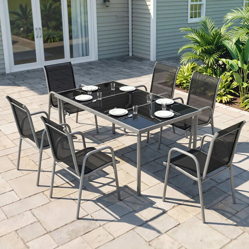 7 Piece Garden Dining Set With Rectangular Table & 6 Stackable Chairs