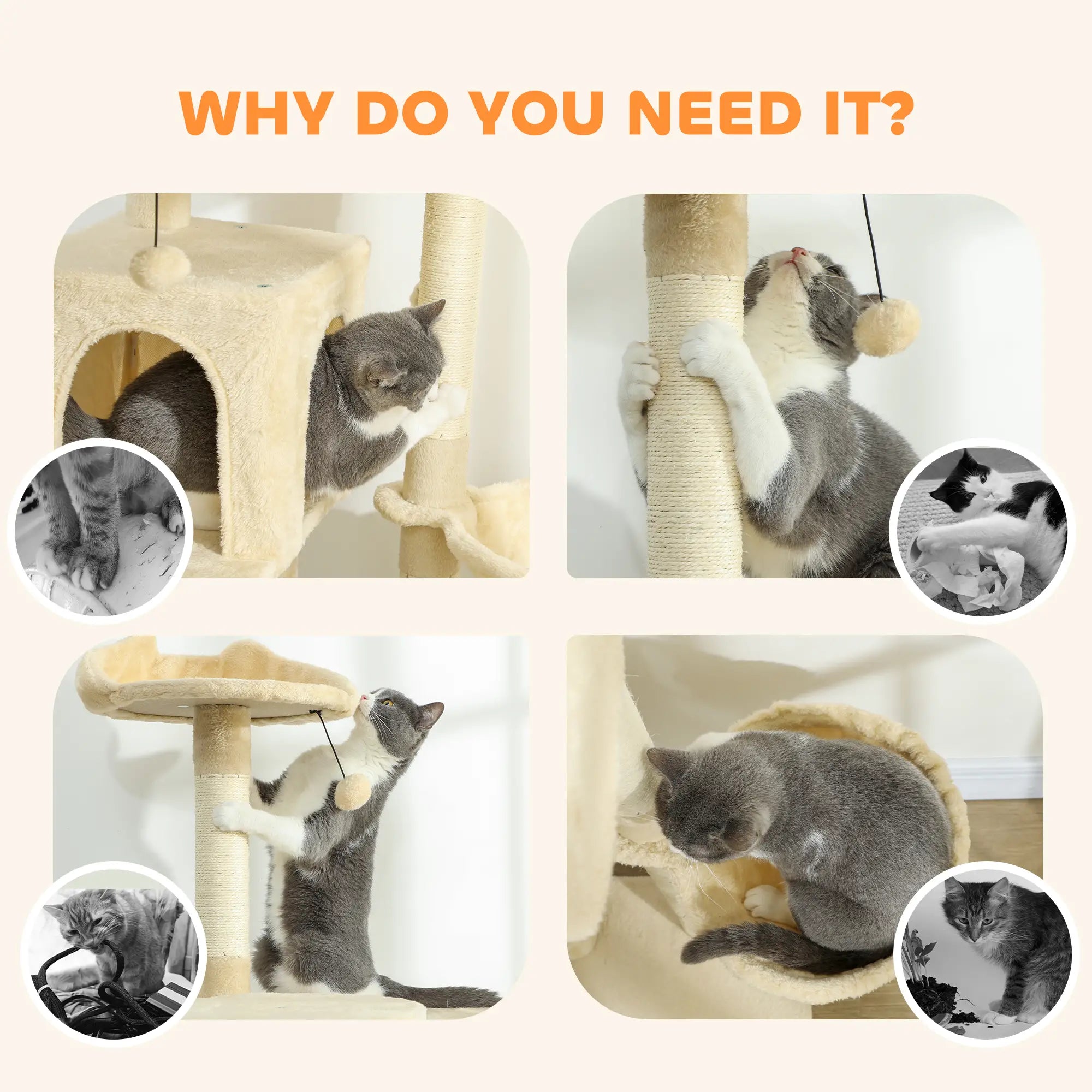 63 Inch Cat Tree, Sisal Scratching Posts, Condos, Perches, Hammock, Ladder, Beige Cat Towers at Gallery Canada