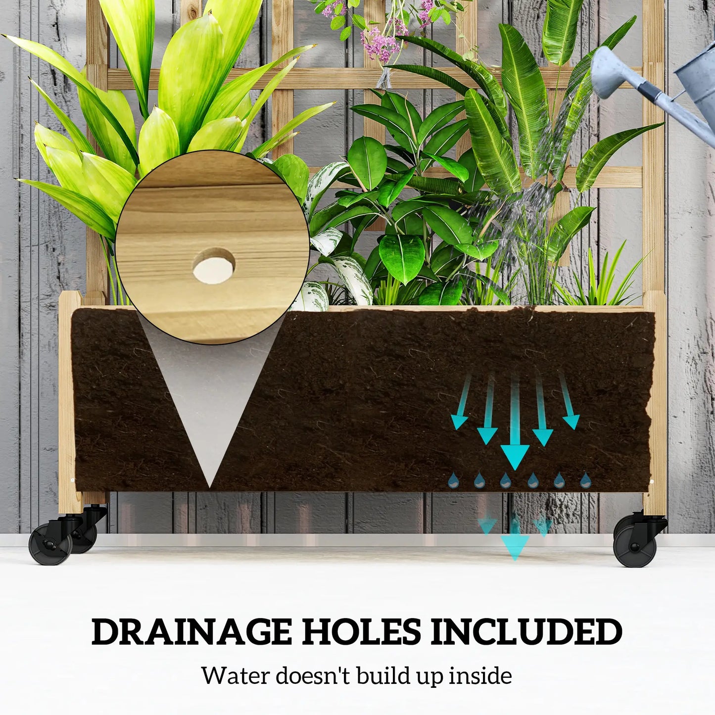 Wooden Planter With Trellis, Raised Garden Bed With Wheels, Drainage Holes