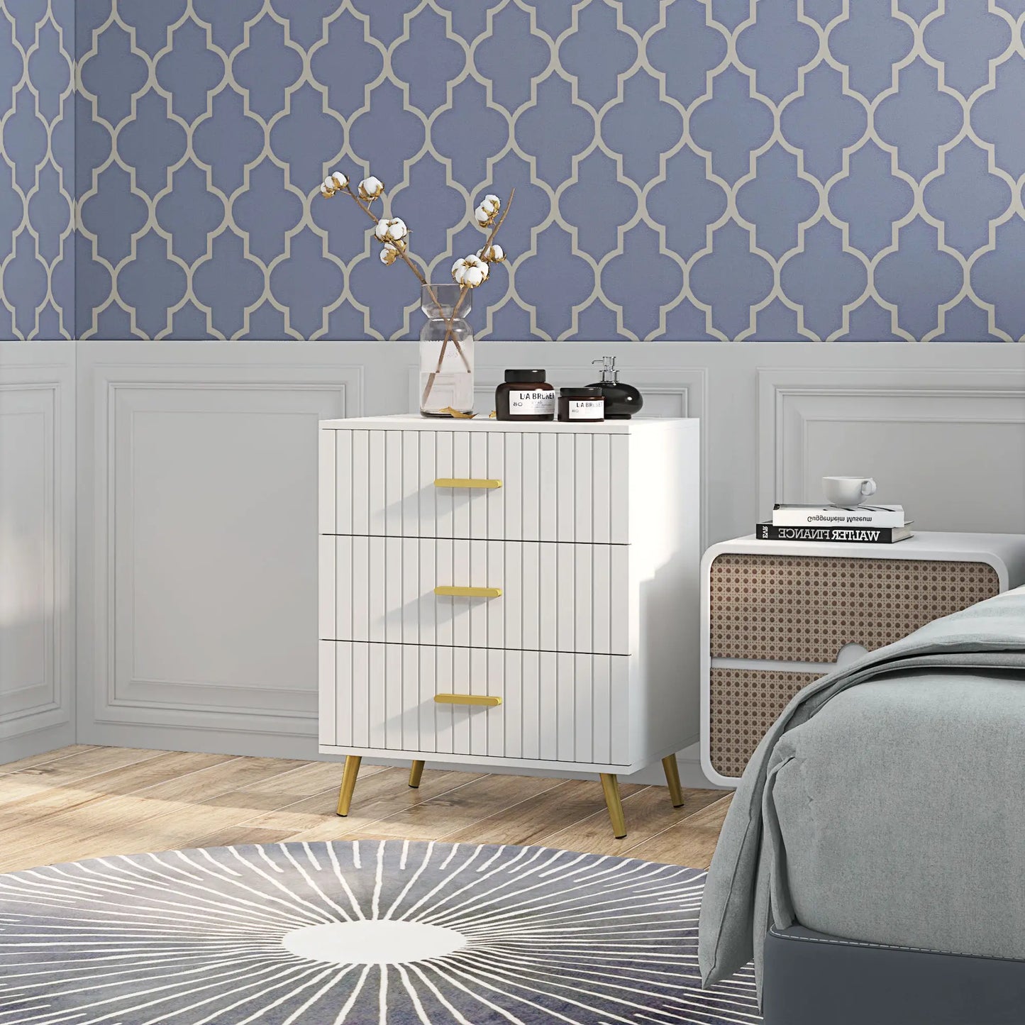 3 Drawer Cabinet, Bedroom Chest of Drawers, Aluminium Legs, Gold Handles, White Storage Cabinets at Gallery Canada