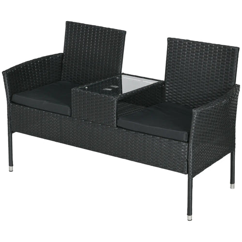 PE Rattan Loveseat with Cushion, Mid-Table, Black