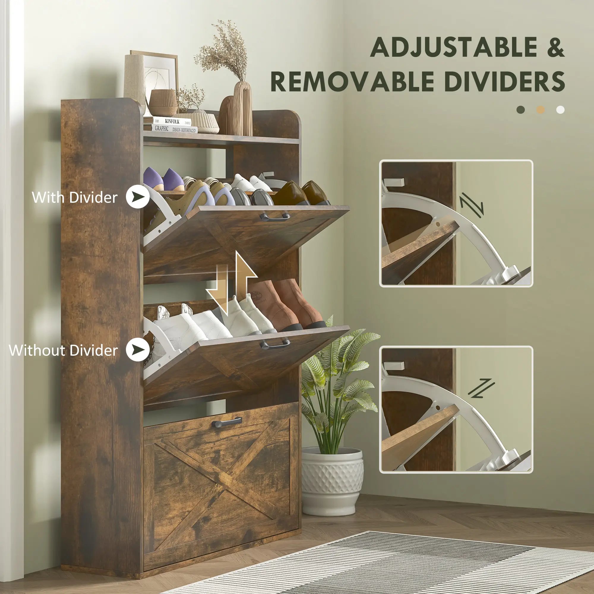 Narrow Shoe Storage Cabinet, 3 Flip Drawers, Adjustable Shelves, Rustic Brown Shoe Storage Cabinets & Racks at Gallery Canada