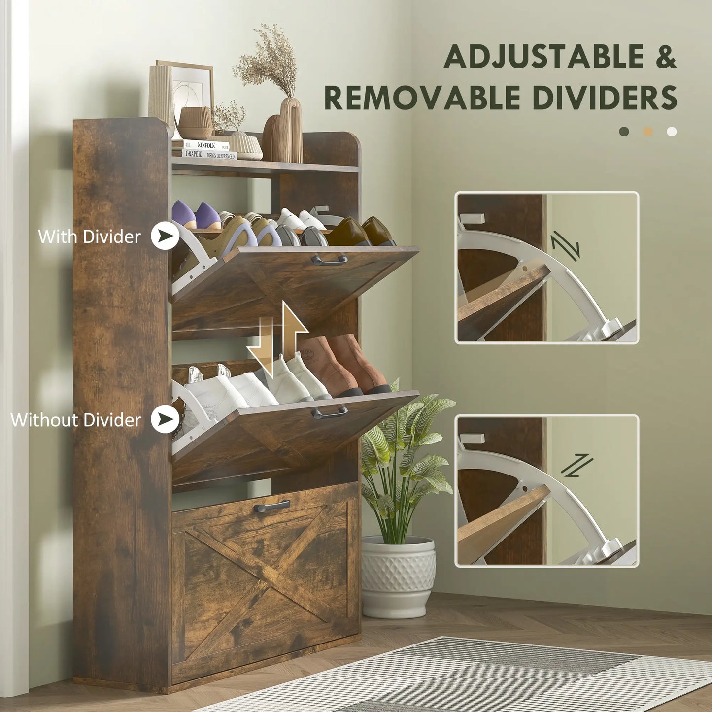 Narrow Shoe Storage Cabinet, 3 Flip Drawers, Adjustable Shelves, Rustic Brown Shoe Storage Cabinets & Racks at Gallery Canada