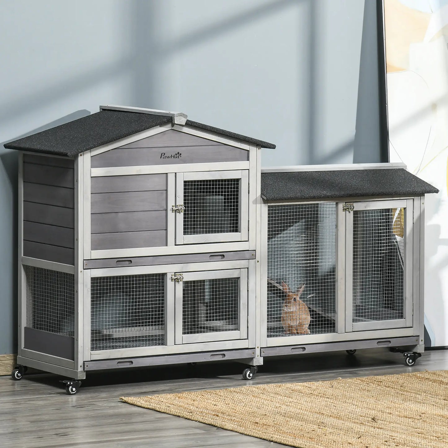 62" Wooden Rabbit Hutch with Wheels, Run Box, Tray, Ramp, Light Grey Rabbit Hutch at Gallery Canada
