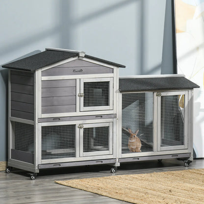 62" Wooden Rabbit Hutch with Wheels, Run Box, Tray, Ramp, Light Grey Rabbit Hutch at Gallery Canada