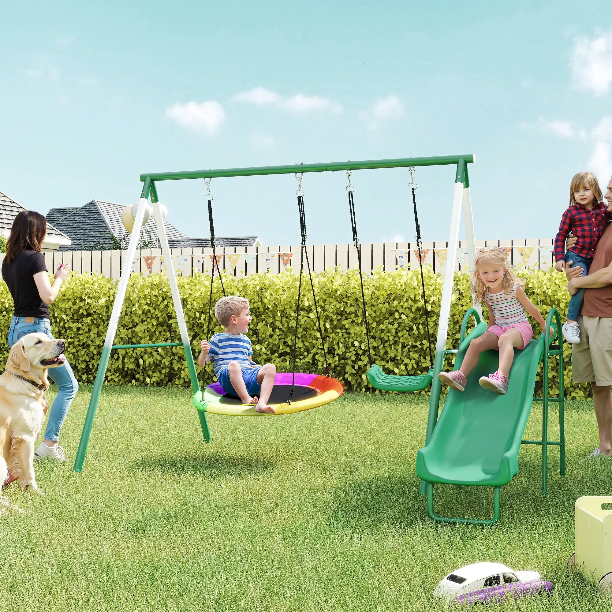 Metal Swing Set With Slide, Saucer Swing Seat, Dark Green Gym Sets & Swings at Gallery Canada