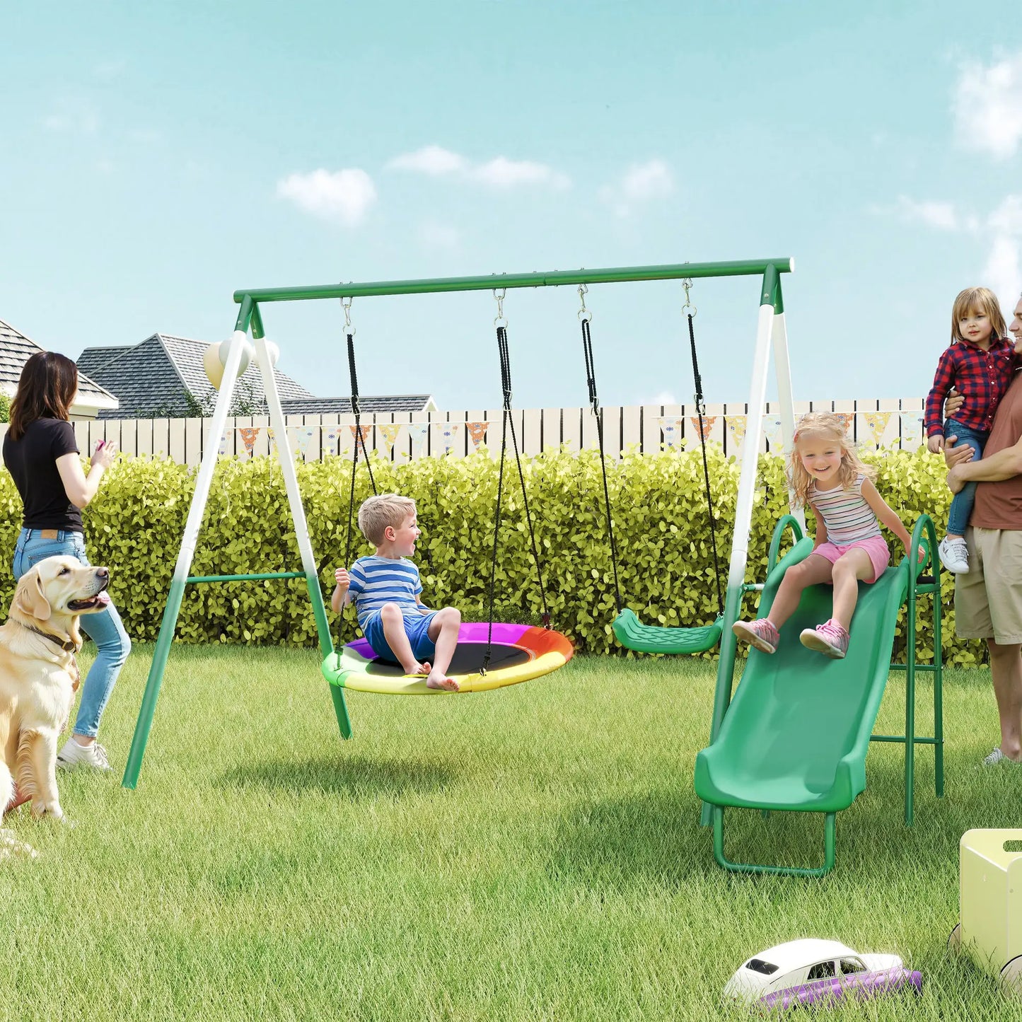 Metal Swing Set With Slide, Saucer Swing Seat, Dark Green Gym Sets & Swings at Gallery Canada